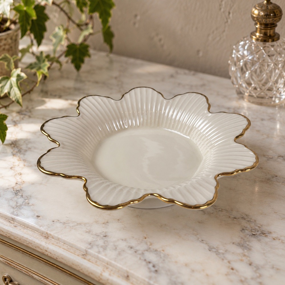 Quiet Luxury Ivory Lenox Meridian Candy Dish 24K Gold Trim Fluted Scalloped